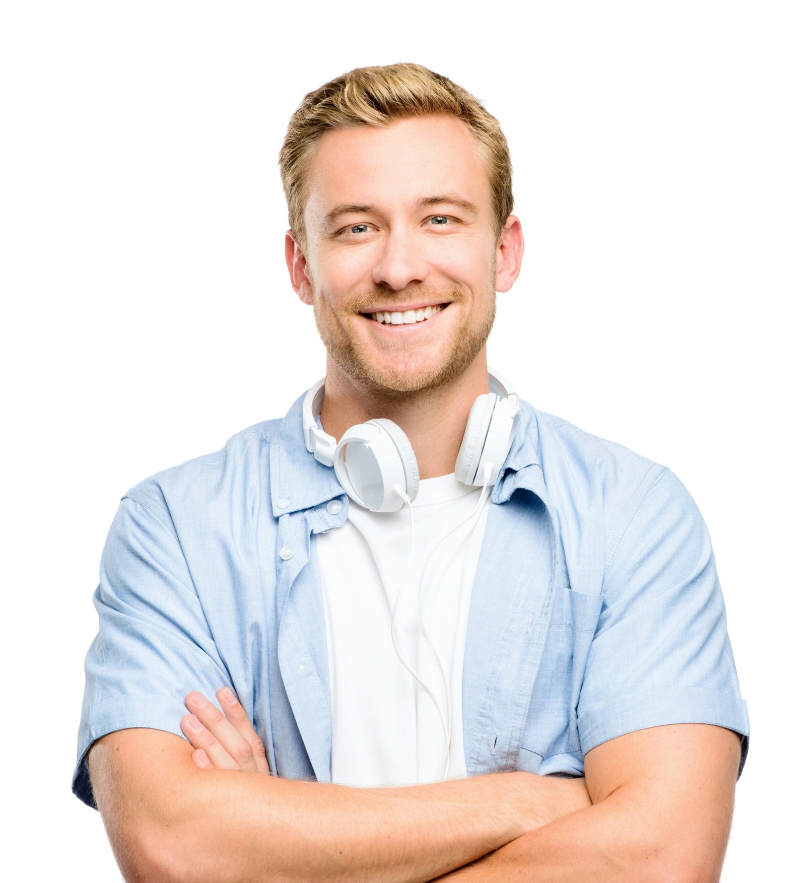 Studio, smile and portrait of man with arms crossed for confidence, satisfaction and pride. Happy, male person and positive with headphones for audio streaming, sound and music on white background.